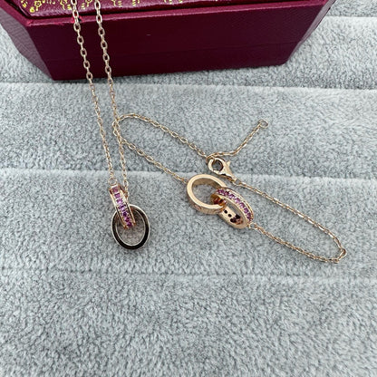 [Renovia Jewelry]LOVE DOUBLE PINK STONES RING NECKLACE