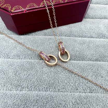 [Renovia Jewelry]LOVE DOUBLE PINK STONES RING NECKLACE