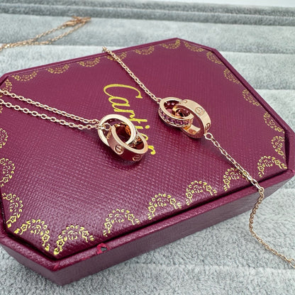 [Renovia Jewelry]LOVE DOUBLE PINK STONES RING NECKLACE